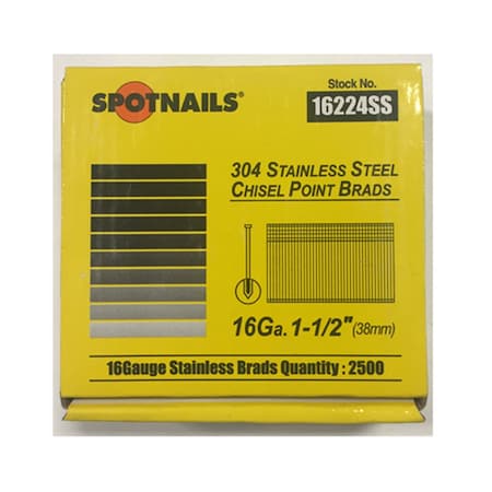 Spotnails 16 Gauge 1-1/2in Straight Stainless Steel Brads,  16224SS